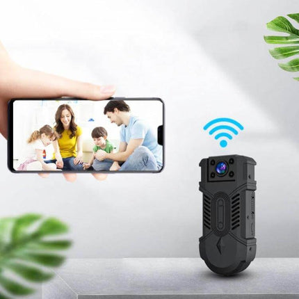 WD18 Wireless Camera for Smart Home Security Monitoring showing smartphone live feed of family and compact WiFi camera