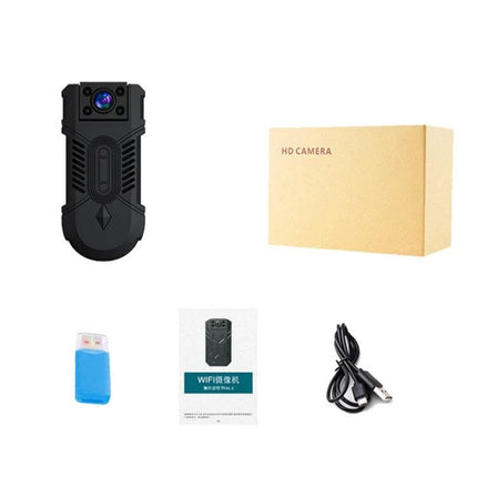 WD18 Wireless Camera for Smart Home Security Monitoring compact black WiFi camera with USB cable, card reader, manual and HD camera box