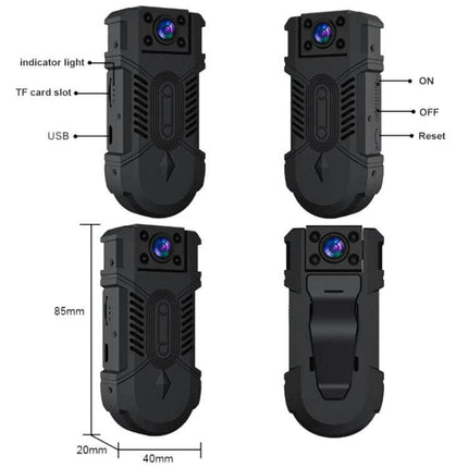 WD18 Wireless Camera for Smart Home Security Monitoring compact black WiFi security camera with clip, TF card slot, USB, indicator light and dimensions
