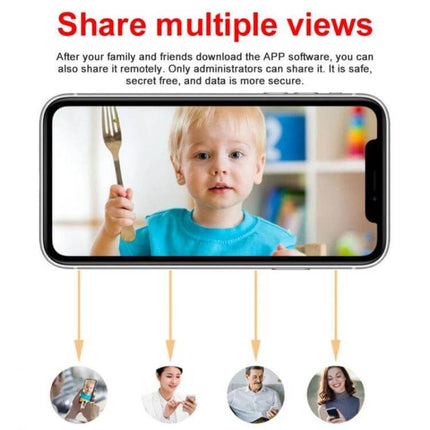 WD18 Wireless Camera for Smart Home Security Monitoring showing mobile live feed of child and shared multiple user views