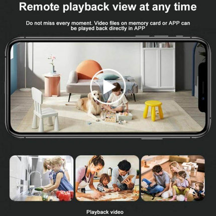 WD18 Wireless Camera for Smart Home Security Monitoring showing smartphone live playback of living room and pet monitoring