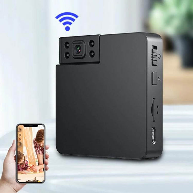 Compact WiFi Camera for Secure Child Monitoring with Night Vision compact black WiFi camera showing mobile live feed and night-vision LEDs