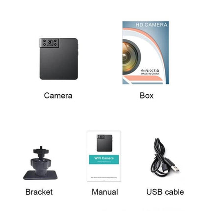 Compact WiFi Camera for Secure Child Monitoring with Night Vision - compact black WiFi camera kit with bracket, manual, USB cable and retail box