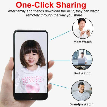 Compact WiFi Camera for Secure Child Monitoring with Night Vision showing mobile app live feed of smiling child and one-click family sharing