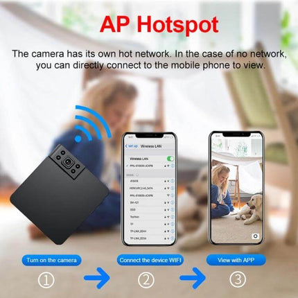 Compact WiFi Camera for Secure Child Monitoring with Night Vision showing app live view, AP hotspot setup and mobile connection steps