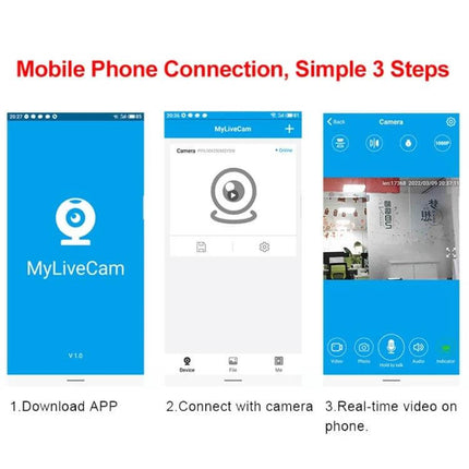 Compact WiFi Camera for Secure Child Monitoring with Night Vision showing mobile app setup screens for download, connect and real-time video