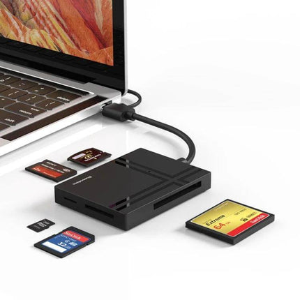 Blueendless USB-C 5-in-1 Memory Card Reader for SD and CF Cards connected to laptop with multiple SD and microSD cards for fast file transfers