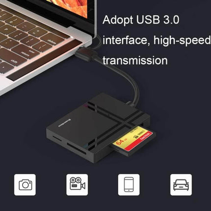 Blueendless USB-C 5-in-1 Memory Card Reader for SD and CF Cards connected to laptop via USB-C showing SD card inserted and USB 3.0 high-speed text
