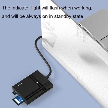 Blueendless USB-C 5-in-1 Memory Card Reader for SD and CF Cards connected to laptop with indicator light and an SD card inserted