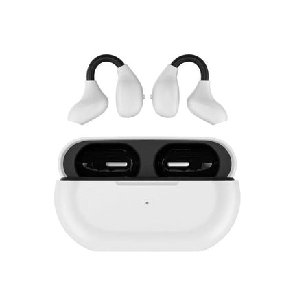 Wireless Bluetooth Sports Headset With Secure Clip Ear Fit White showing earbuds with secure clip and charging case