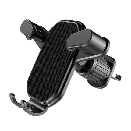 Car Air Outlet Phone Holder With Stable Upside-Down Hook - black ABS vent mount with metal upside-down hook, secure grip, open charging port, adjustable clamp