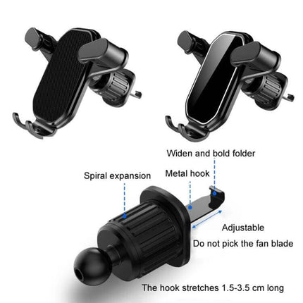Car Air Outlet Phone Holder With Stable Upside-Down Hook showing ABS body, metal hook, spiral telescopic expansion and adjustable vent mount