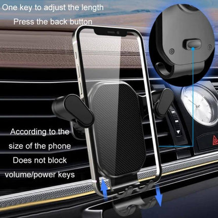 Car Air Outlet Phone Holder With Stable Upside-Down Hook showing phone mounted on car vent with adjustable metal upside-down hook and accessible ports