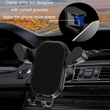 Car Air Outlet Phone Holder With Stable Upside-Down Hook mounted on car vent showing clamp arms, ABS body and metal upside-down hook holding smartphone securely