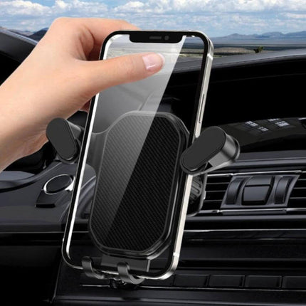 Car Air Outlet Phone Holder With Stable Upside-Down Hook mounted on vent holding smartphone with accessible ports and secure metal hook
