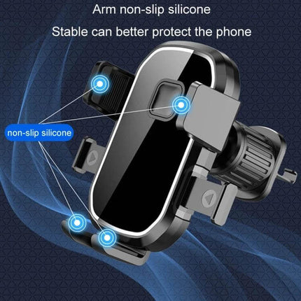 Car Air Outlet Phone Holder Mirror Black For Navigation showing mirror-black ABS body, metal hook, spiral telescopic arm and non-slip silicone grips