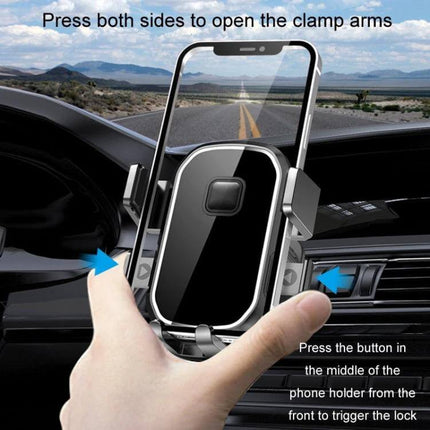 Car Air Outlet Phone Holder Mirror Black For Navigation mounted on vent with hand inserting smartphone for navigation and hands-free use