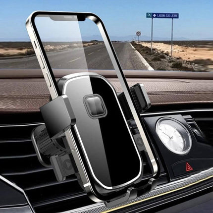 Car Air Outlet Phone Holder Mirror Black For Navigation mounted on car vent with phone, mirror-black finish and telescopic arm for hands-free navigation