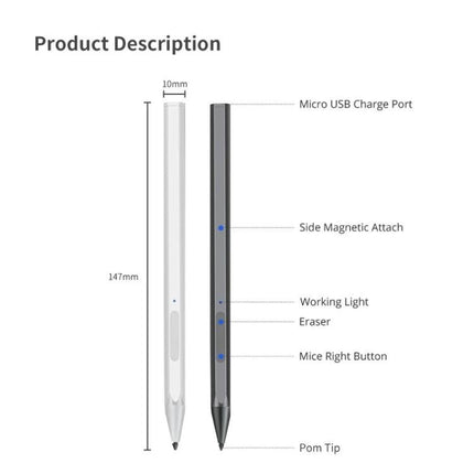 Lenovo Rechargeable Stylus Pen for XiaoXin Pad Pro 11.5 Inch – white and black pen showing micro USB charge port, magnetic attach, buttons, eraser, and dimensions