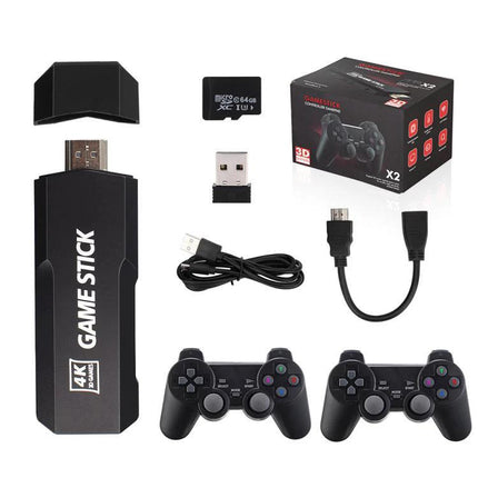 Wireless Game Console for TV with Built-in Games Library showing HDMI game stick, two wireless controllers, USB dongle, microSD card, cables and packaging