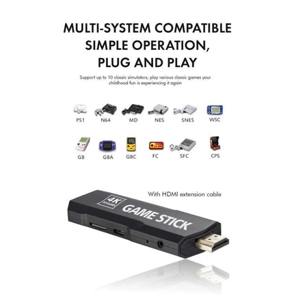 Wireless Game Console for TV with Built-in Games Library USB HDMI stick showing multi-system compatibility and plug-and-play game stick