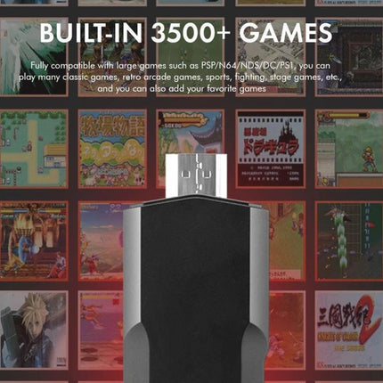 Wireless Game Console for TV with Built-in Games Library plugged into TV port with game thumbnails and “Built-in 3500+ Games” banner