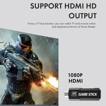 Wireless Game Console for TV with Built-in Games Library showing HDMI 1080p game stick, multiplayer controllers and action game on TV screen