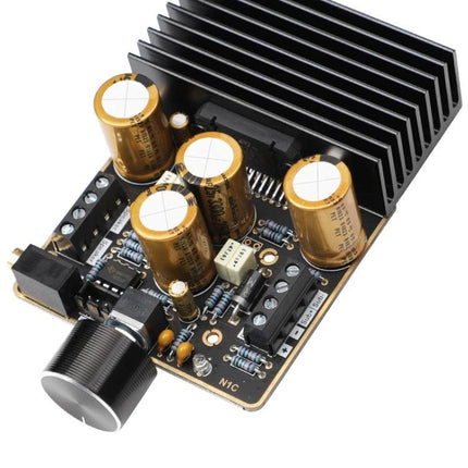 DIY Car Audio Amplifier with 2.1 Channels for Vehicle Systems high-quality board showing gold capacitors, heatsink and control knob for custom car installs