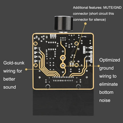 DIY Car Audio Amplifier with 2.1 Channels for Vehicle Systems showing gold-sunk wiring and optimized ground for reduced noise