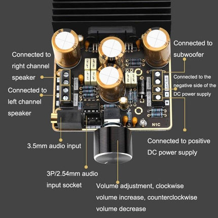 DIY Car Audio Amplifier with 2.1 Channels for Vehicle Systems - close-up of board showing gold-sunk wiring, connectors, volume knob and labeled inputs