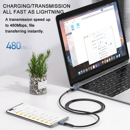 Remax RC-C008 2.4A TPE Soft Anti Breakage Data Cable 1m USB C Micro USB 8 Pin connected to laptop and phone showing fast 480MB/S charging and data transfer
