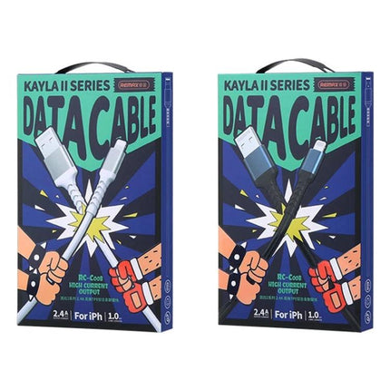 Remax RC-C008 2.4A TPE Soft Anti Breakage Data Cable 1m USB C Micro USB 8 Pin packaged retail box showing white and black cable variants, 2.4A fast charging, 1m length