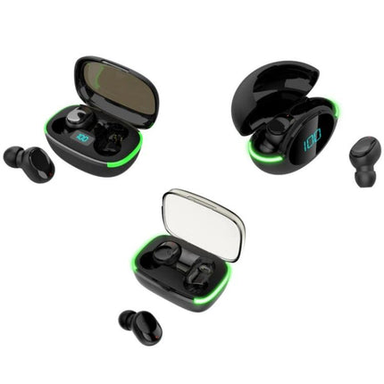 TWS Sports Wireless In-Ear Earphones For Commute And Gym black earbuds with charging case, LED display and green accent
