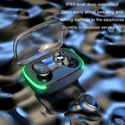 TWS Sports Wireless In-Ear Earphones For Commute And Gym showing IPX4 waterproof earbuds in charging case on wet surface