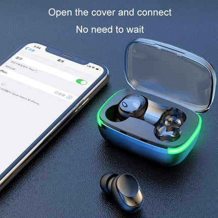 TWS Sports Wireless In-Ear Earphones For Commute And Gym showing earbuds in charging case with phone pairing and green LED