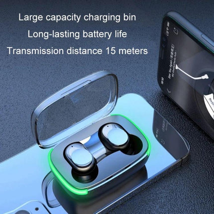 TWS Sports Wireless In-Ear Earphones For Commute And Gym showing open charging case with earbuds on smartphone and long battery life