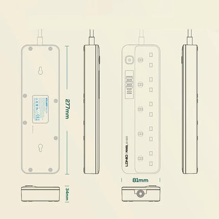 LDNIO Multifunctional Travel Charging Socket for Home and Office technical line drawing with dimensions 277mm x 81mm x 34mm