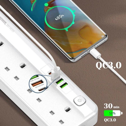 LDNIO Multifunctional Travel Charging Socket for Home and Office showing phone charging via QC3.0 and multiple USB ports on power strip