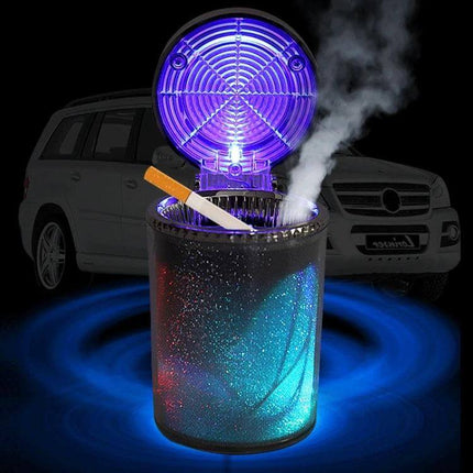Car Air Conditioner Outlet Ashtray With Blue LED Light - compact clamshell ashtray for car dashboard or vent, LED illumination and bracket, reduces soot and odor