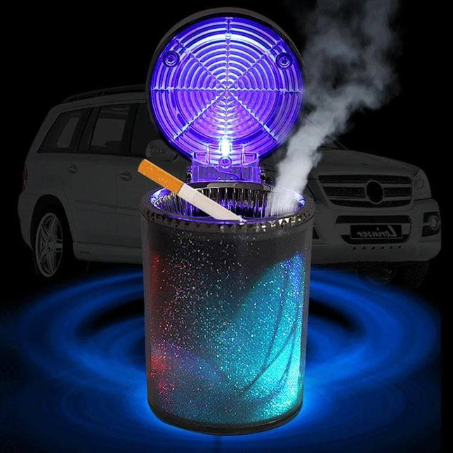 Car Air Conditioner Outlet Ashtray With Blue LED Light - compact clamshell ashtray for car dashboard or vent, LED illumination and bracket, reduces soot and odor