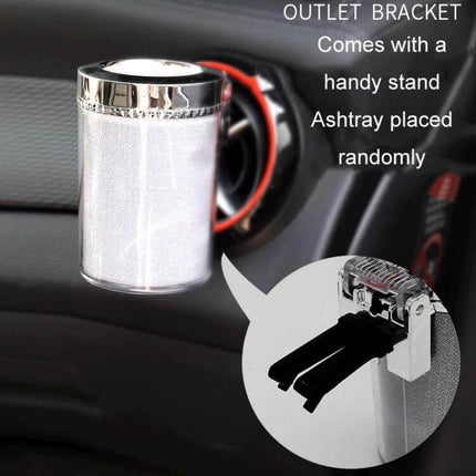 Car Air Conditioner Outlet Ashtray With Blue LED Light mounted on dashboard vent with bracket, compact clamshell ashtray to trap ashes and odors