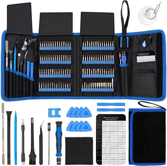 Precision Screwdriver Set with 142 Bits for Electronics Repair, organized kit open showing bits, tools, pry tools and carrying case