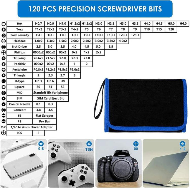 Precision Screwdriver Set with 142 Bits for Electronics Repair – compact kit with 142 precision bits, organizer pouch for smartphone, camera and laptop repairs