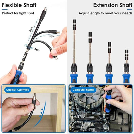 Precision Screwdriver Set with 142 Bits for Electronics Repair shown with flexible shaft and extension shaft for tight spots and computer repair