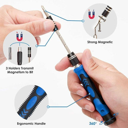 Precision Screwdriver Set with 142 Bits for Electronics Repair showing ergonomic handle, magnetic bit holders and interchangeable precision bits