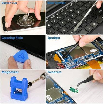 Precision Screwdriver Set with 142 Bits for Electronics Repair showing suction cup, opening picks, spudger, metal crowbar, magnetizer and tweezers for phone and gadget repairs