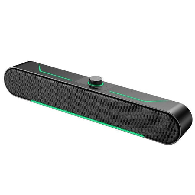 Wired LED Computer Speakers For Desktop Use, Compact black LED-lit compact bar speaker with volume knob and 15° bevel