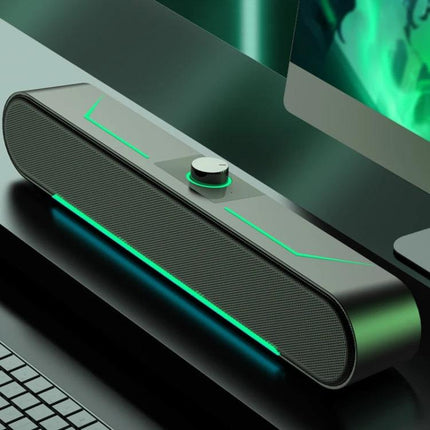 Wired LED Computer Speakers For Desktop Use, Compact sleek black dual-driver speakers with LED lighting and volume knob