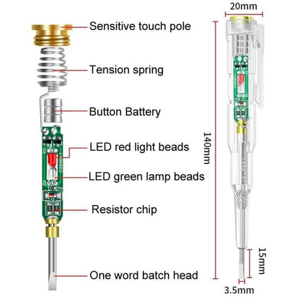 Color Light Detector Pen With High Brightness Sensor — clear internal diagram showing LED red/green beads, button battery, spring, dimensions 140mm x 20mm