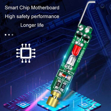 Color Light Detector Pen With High Brightness Sensor shown close-up on circuit board highlighting smart chip motherboard and compact test tip